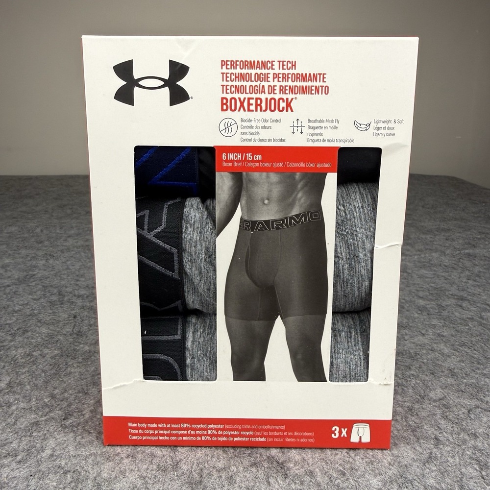 Under Armour NEW Tech Boxerjock XXL 6" Inseam 3 Pack Black Gray